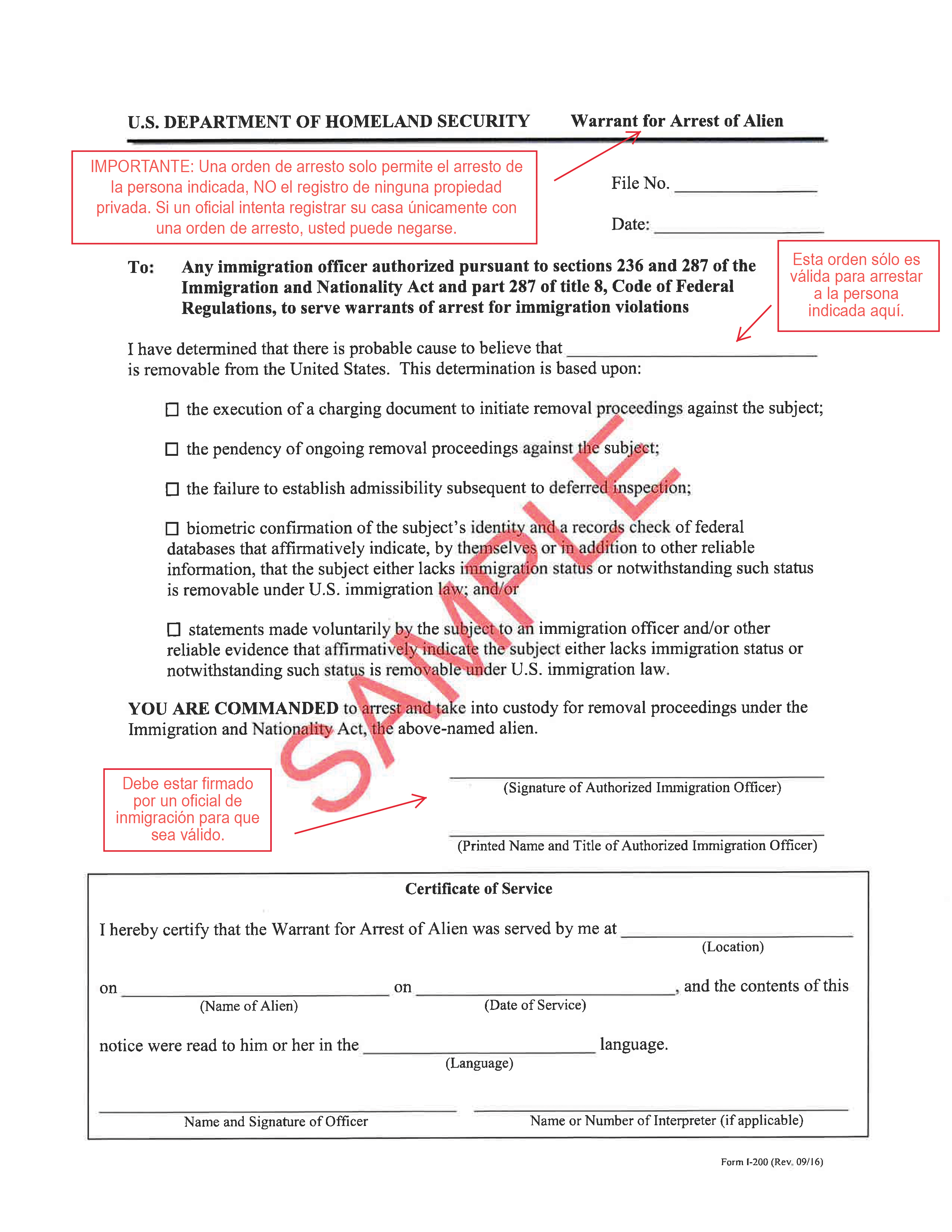 Arrest warrant issued by the U.S. Department of Homeland Security with Spanish annotations.